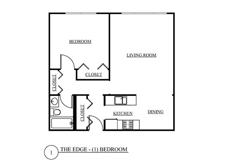 Floor plan for 1 bed, 1 bath, 776 sqft